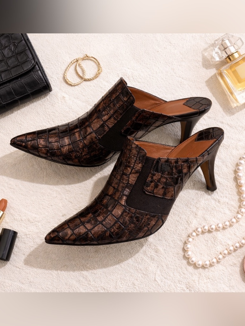 Donald J Pliner Croc Embossed Leather Mule Heels Brown Pointed Classic Chic 9.5